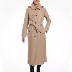 LONDON FOG Women's Tan Long Trench Long Coat Removable Hood Size 14 Pockets